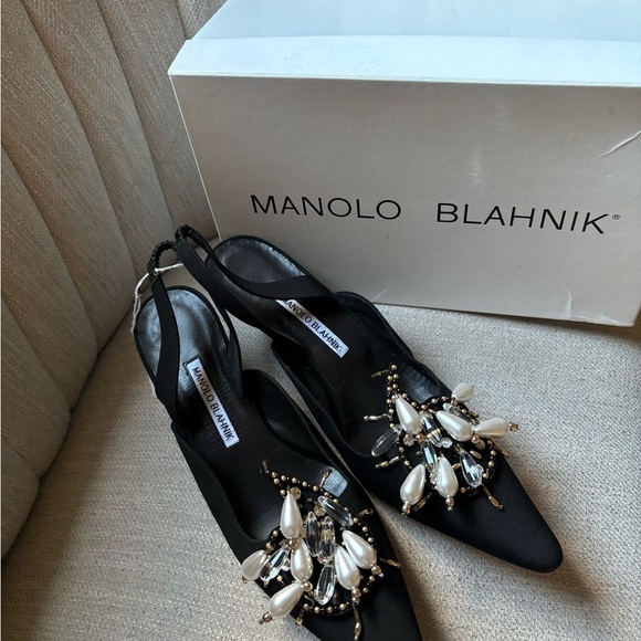 Manolo Blahnik Black Heels with Pearl and Crystal Embellishments - Picture 1 of 5